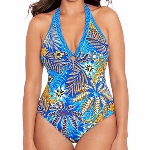 Skinny Dippers by Miraclesuit One Piece Swimsuit Blue Tropical Floral Halter L